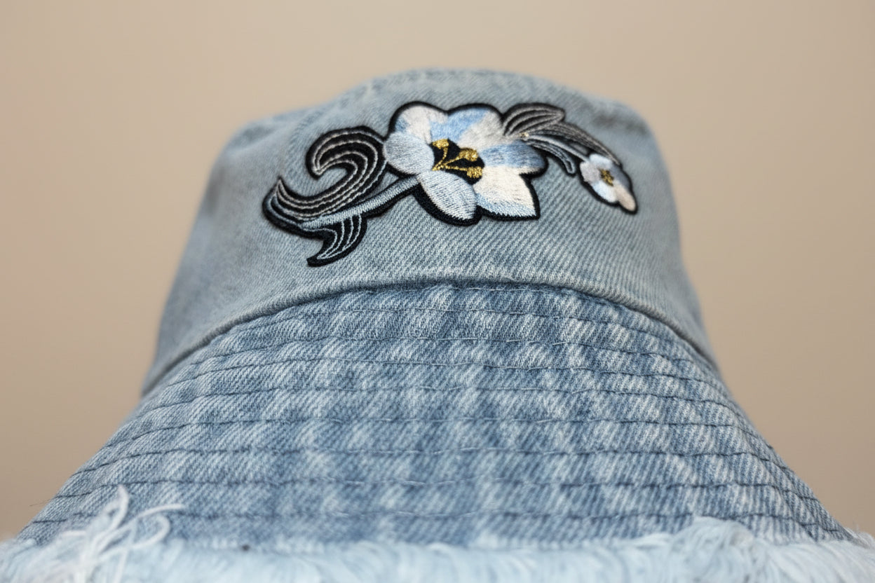 Distress Floral Denium Bucket Hat