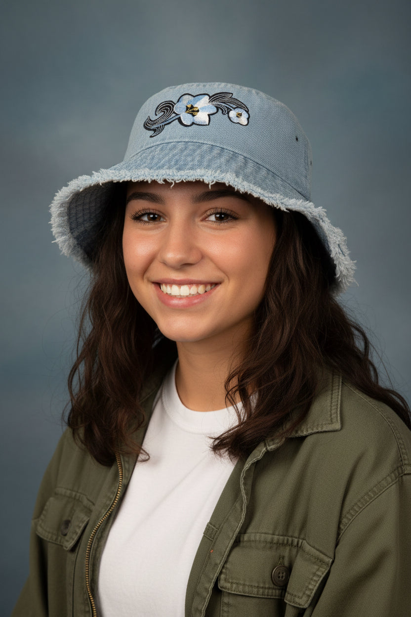 Distress Floral Denium Bucket Hat